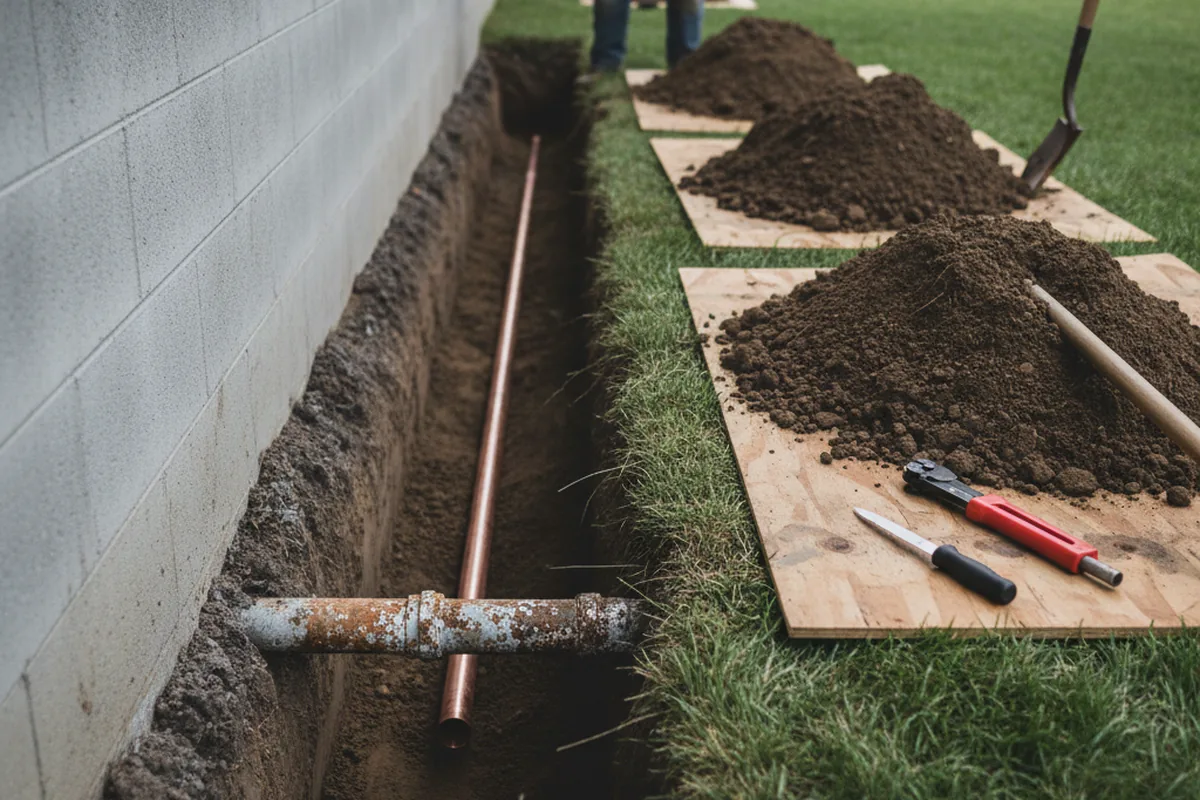 Excavated water line trench during Water Softener Installation in Selma